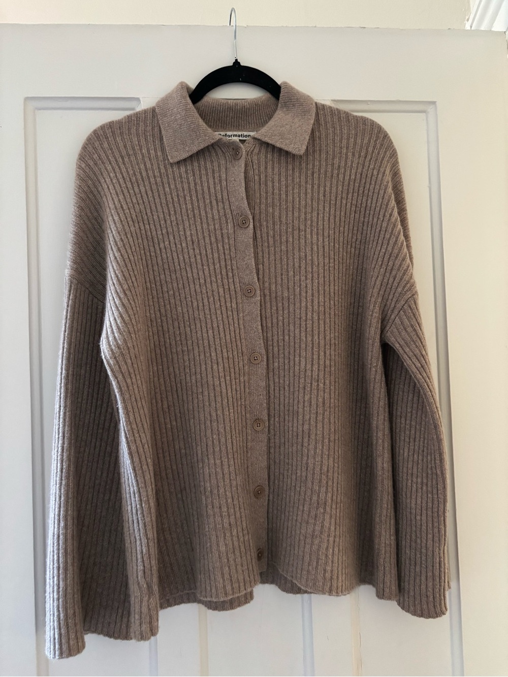Reformation Ribbed Button-Front Collared Sweater in Taupe